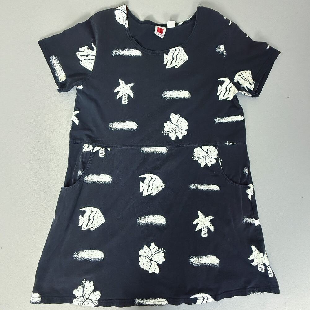 Red Ginger Cotton Stuff Black White Tropical Fish Palm Dress Pockets USA